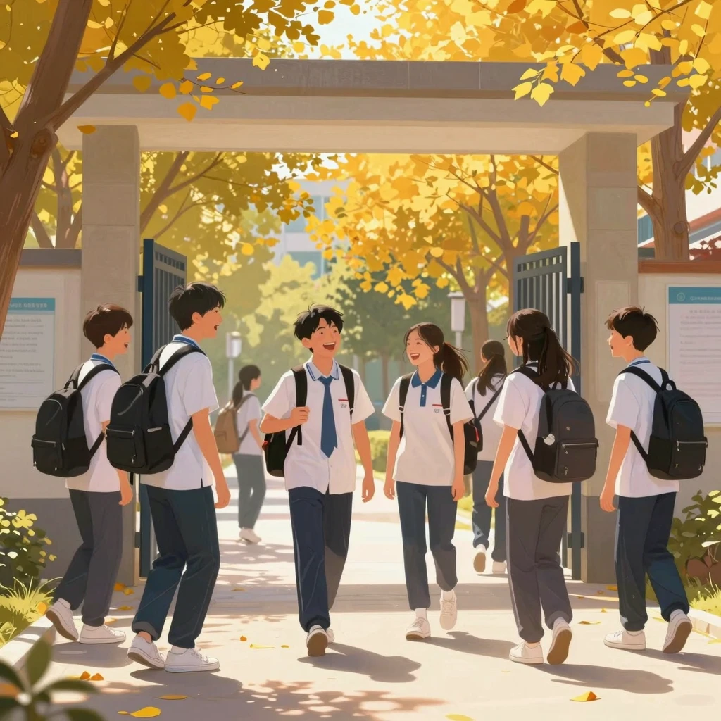 Artistic illustration of students at school entrance laughin...
