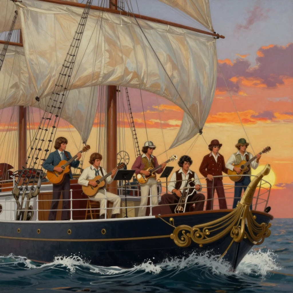 Artistic painting of a musical band performing on the deck o...