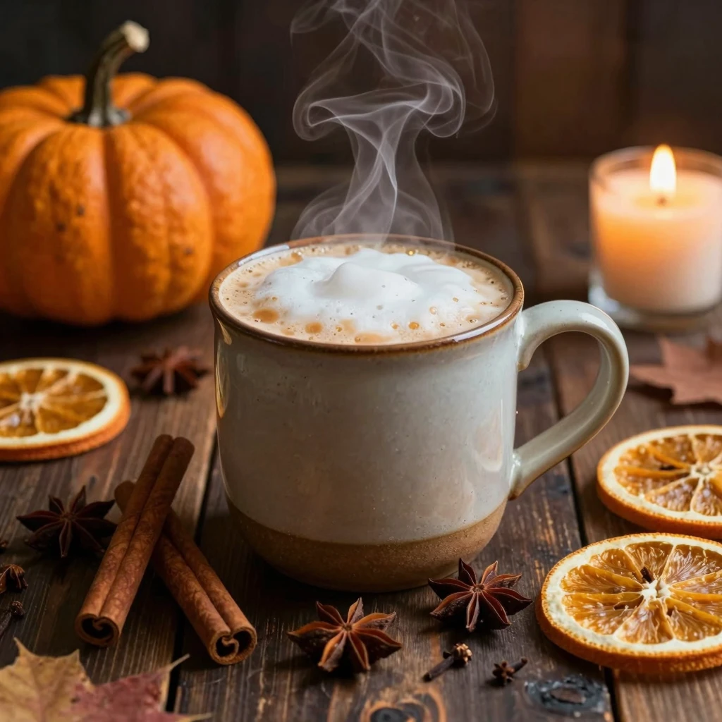 A steaming ceramic mug of pumpkin latte with creamy foam on ...
