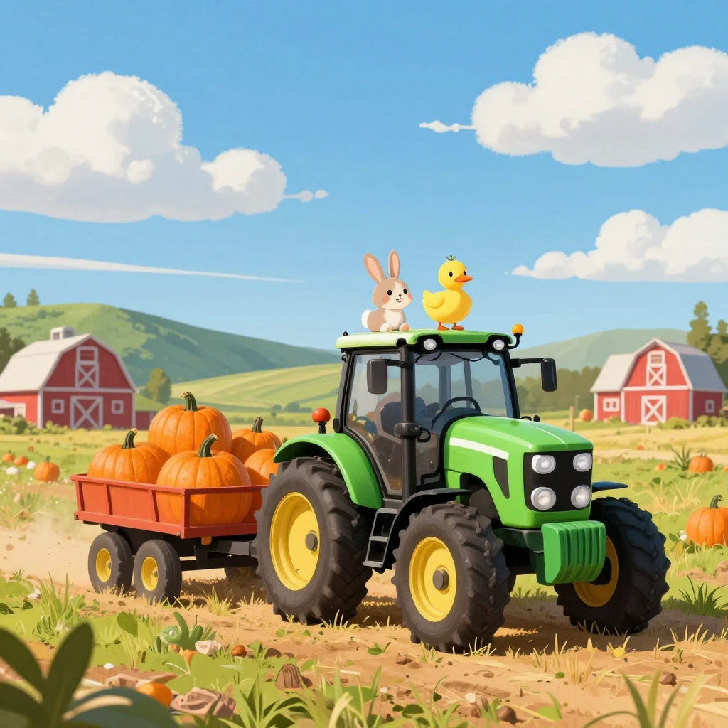 A bright green tractor with a smiling face pulling a cart fu...