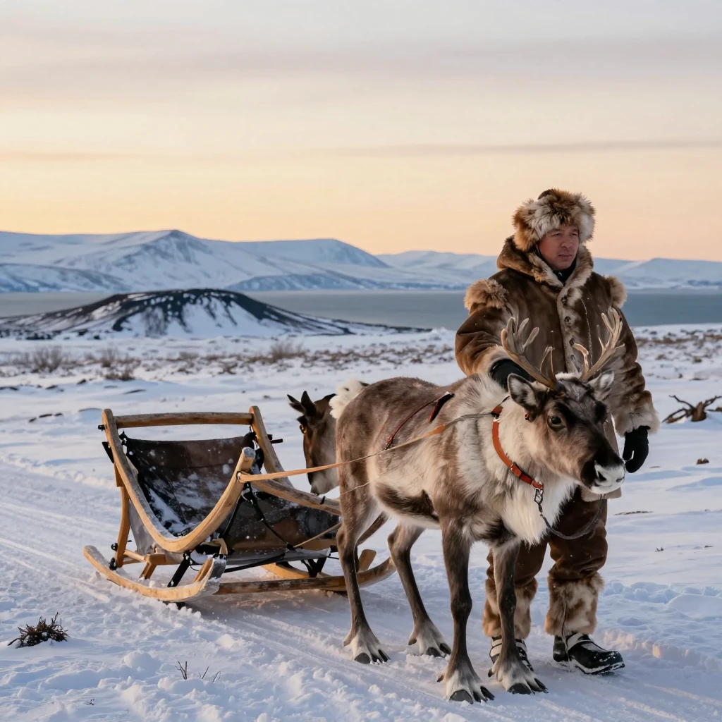 Koryak driver in authentic fur winter clothing holding reins...