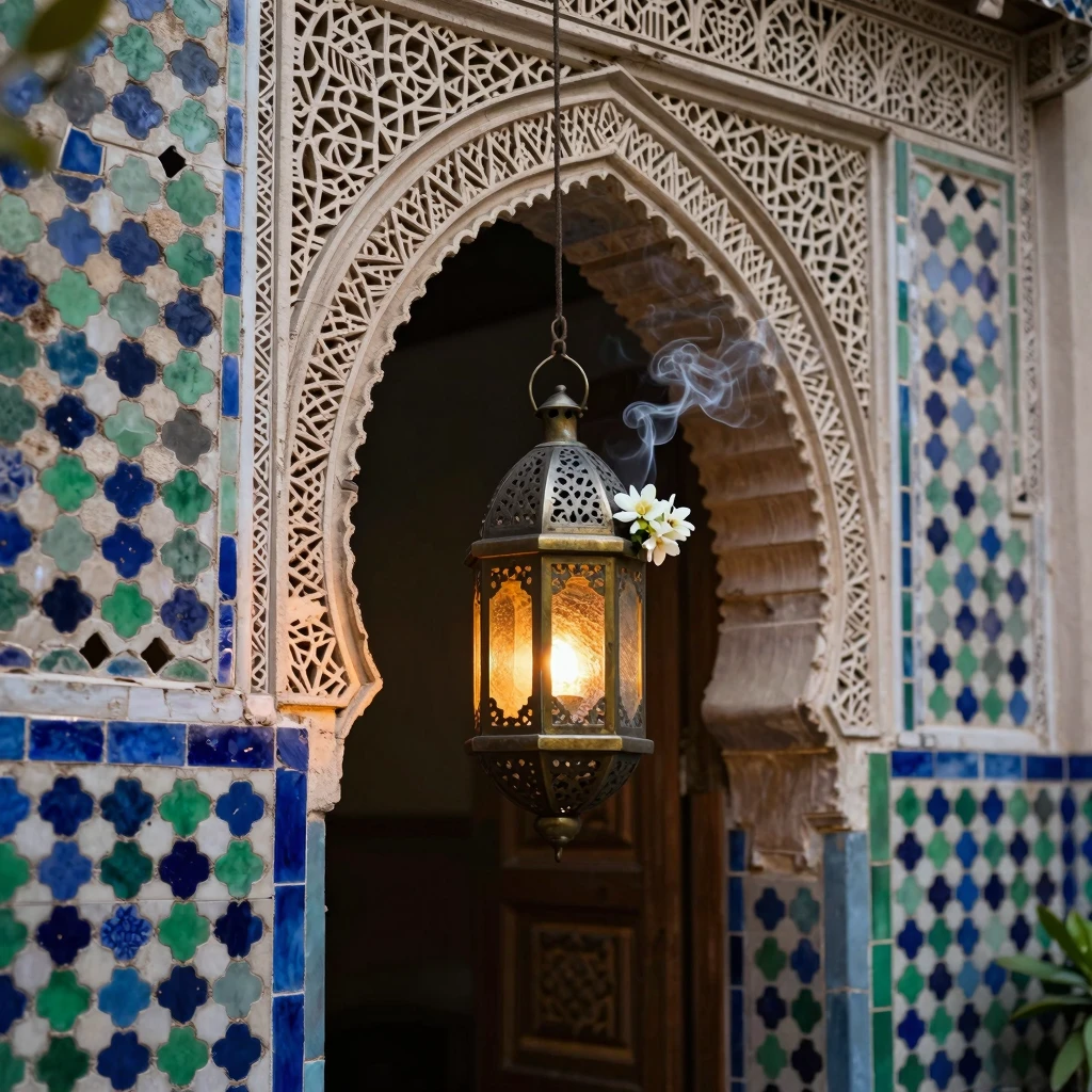 Close-up of intricate zellij tile patterns in blue and green...