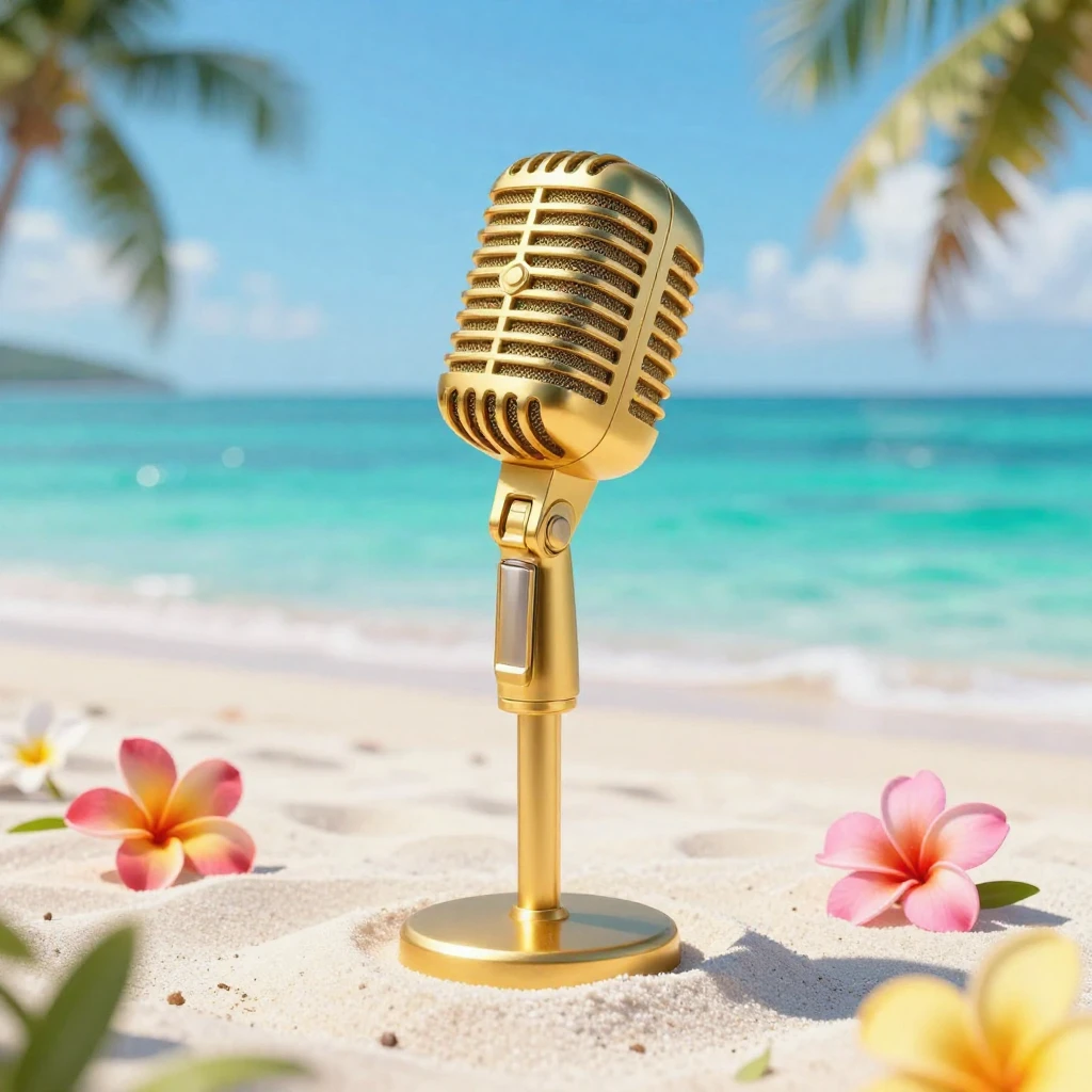 A vibrant, artistic illustration of a golden microphone stan...