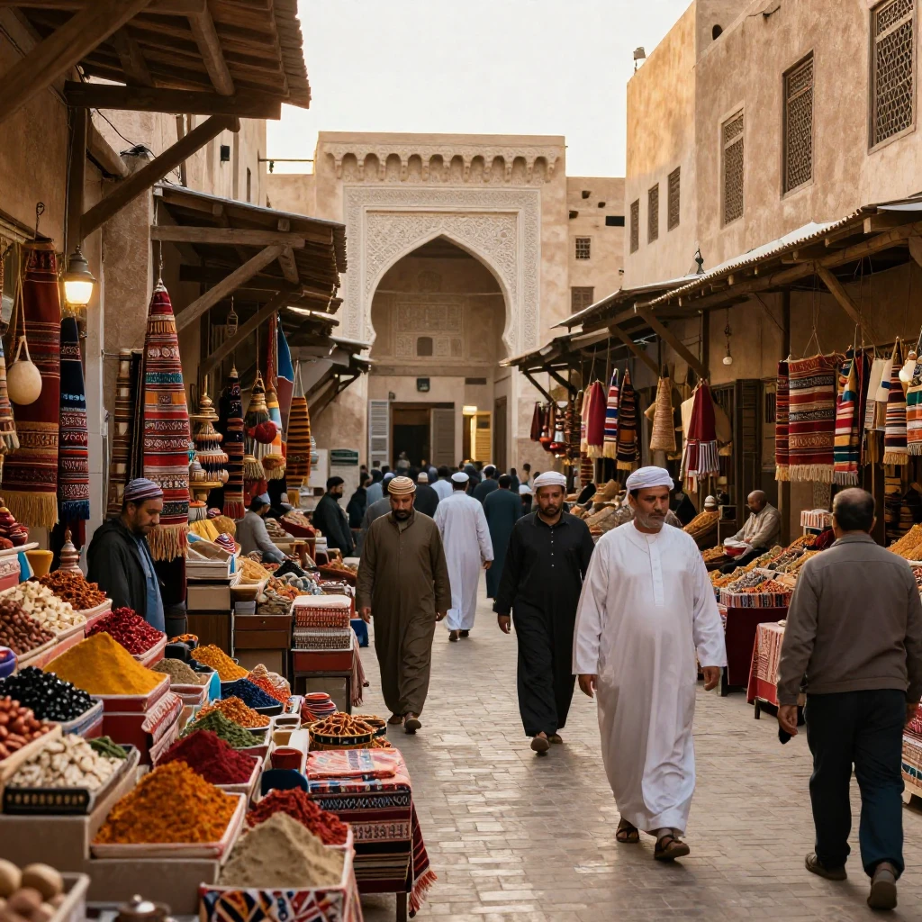 A vibrant, detailed scene depicting a bustling souk (market)...