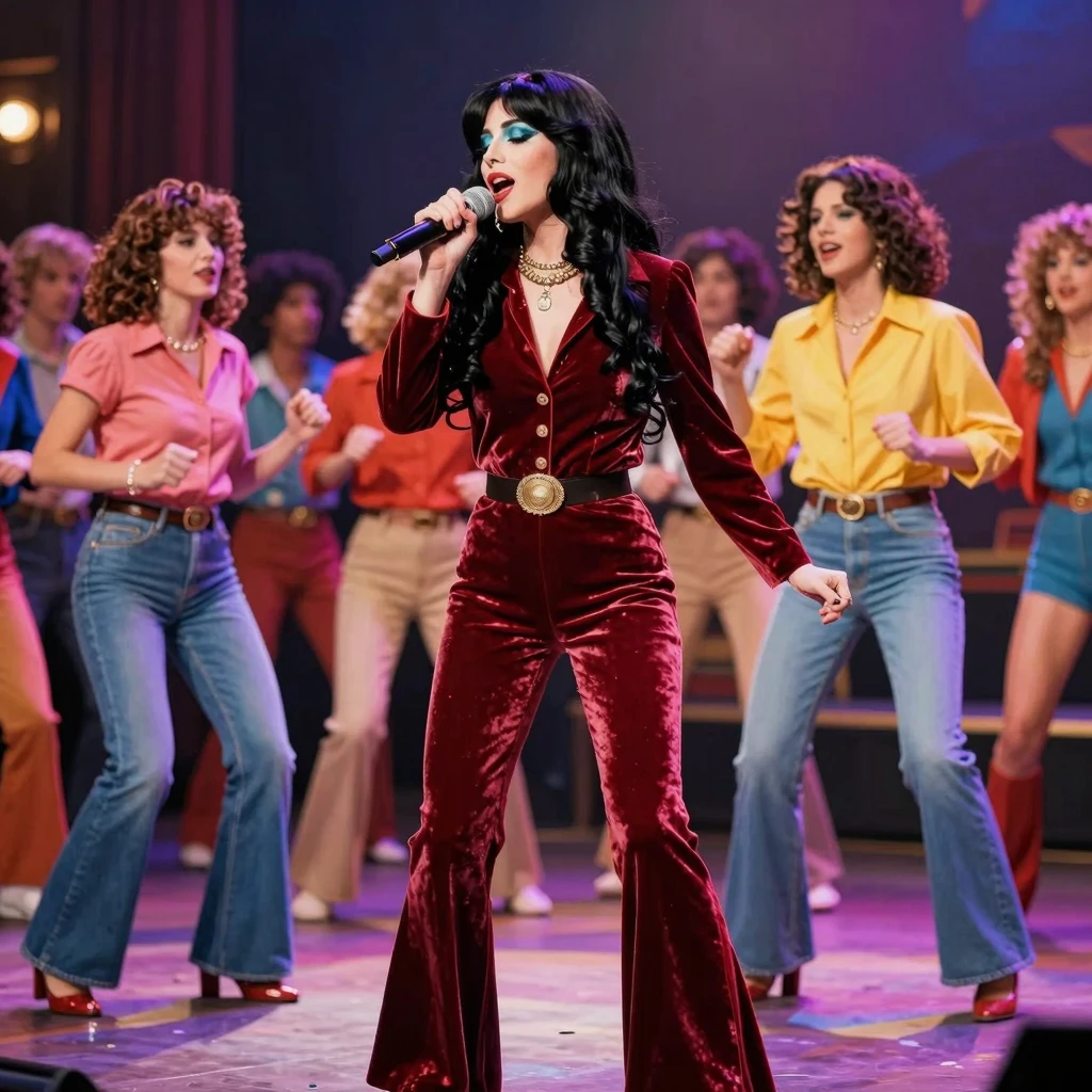 A female singer in a vintage velvet outfit with heavy 70s ma...