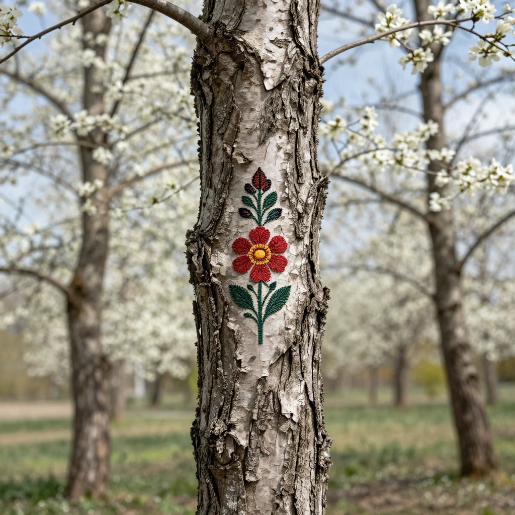 Subtle traditional Romanian folk motifs woven into the tree ...