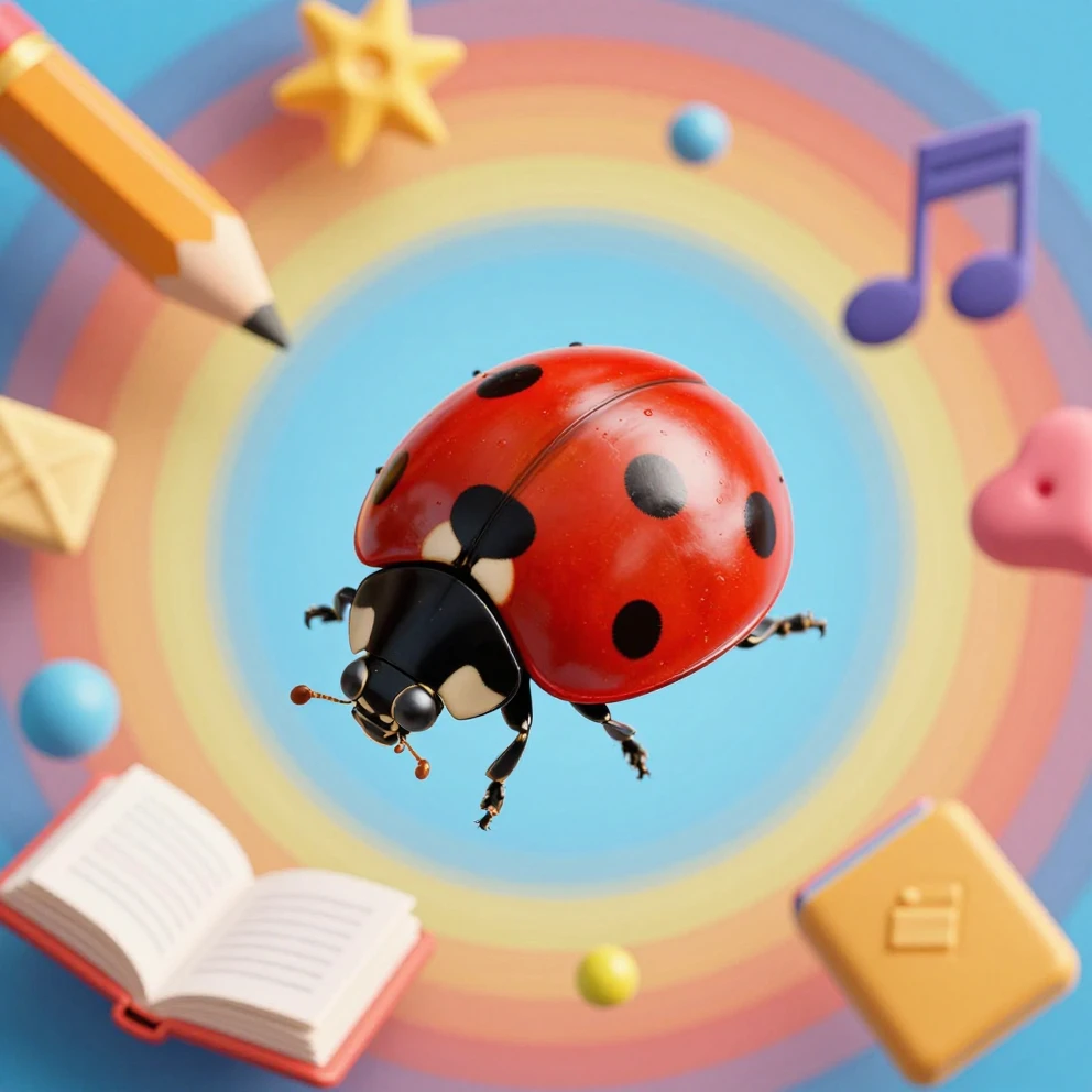 A shiny red ladybug with black spots in a dynamic flying pos...