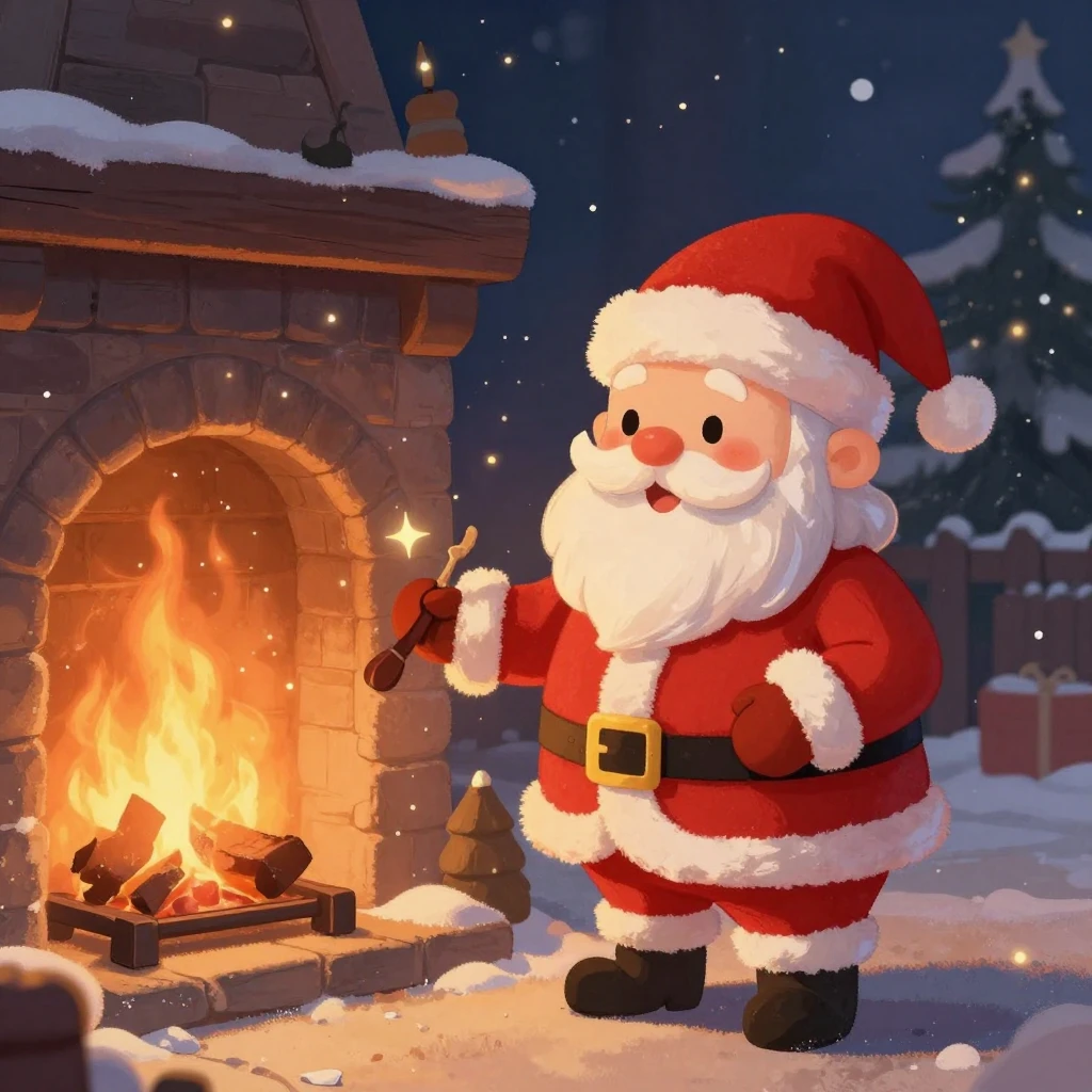 Cozy winter illustration of Santa Claus by a fireplace, warm...