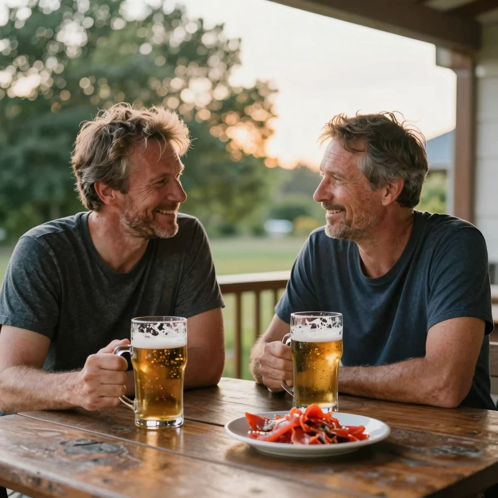 Two middle-aged men friends sitting at a wooden table on a s...
