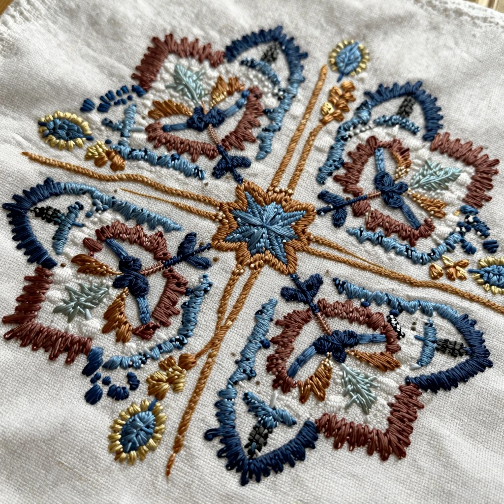 A detailed embroidered design on a piece of fabric, showcasi...