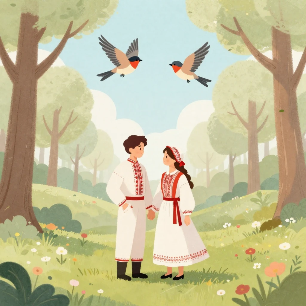 A stylized couple in a spring forest clearing. Two birds fly...