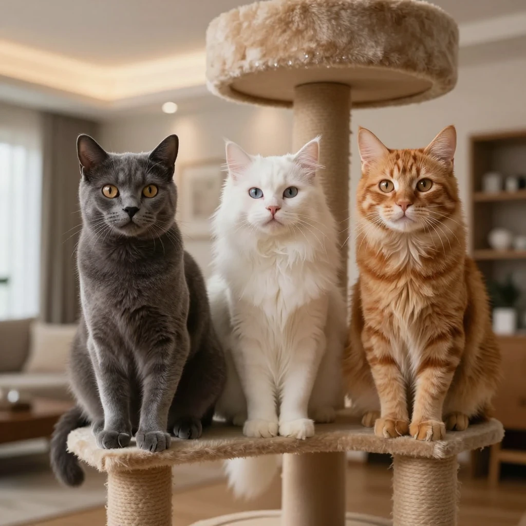 Three diverse cats in a cozy modern apartment with warm ligh...