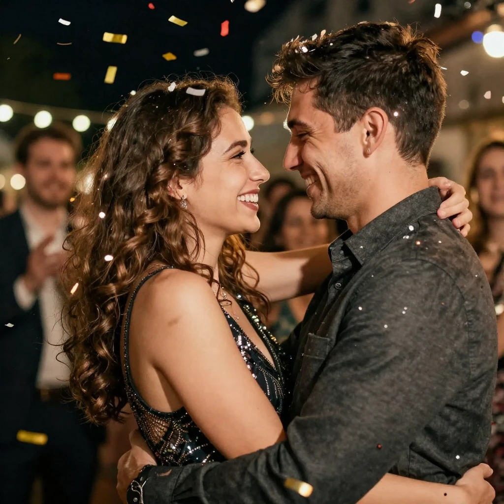 A festive scene with confetti and a couple smiling and embra...