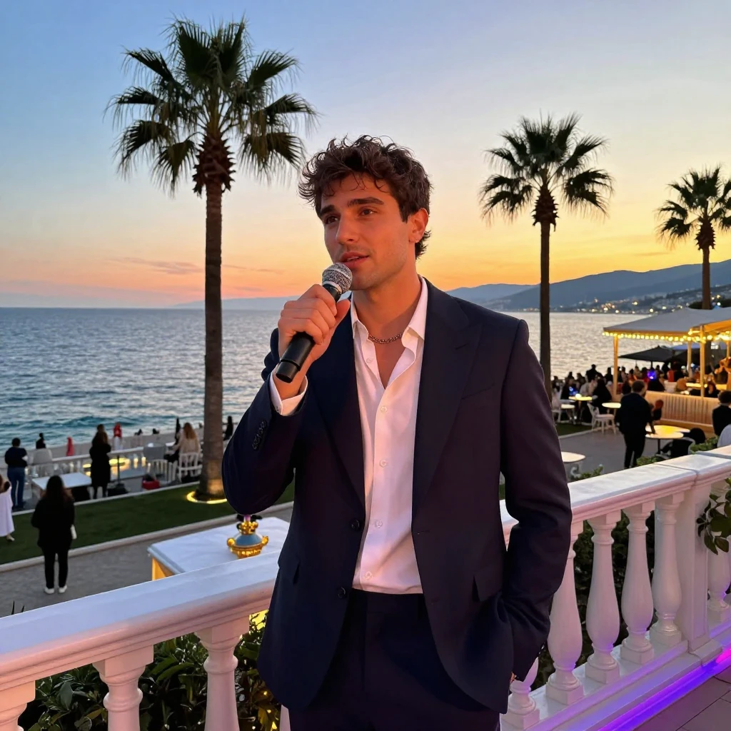 A stylish young Armenian man with a microphone, standing on ...
