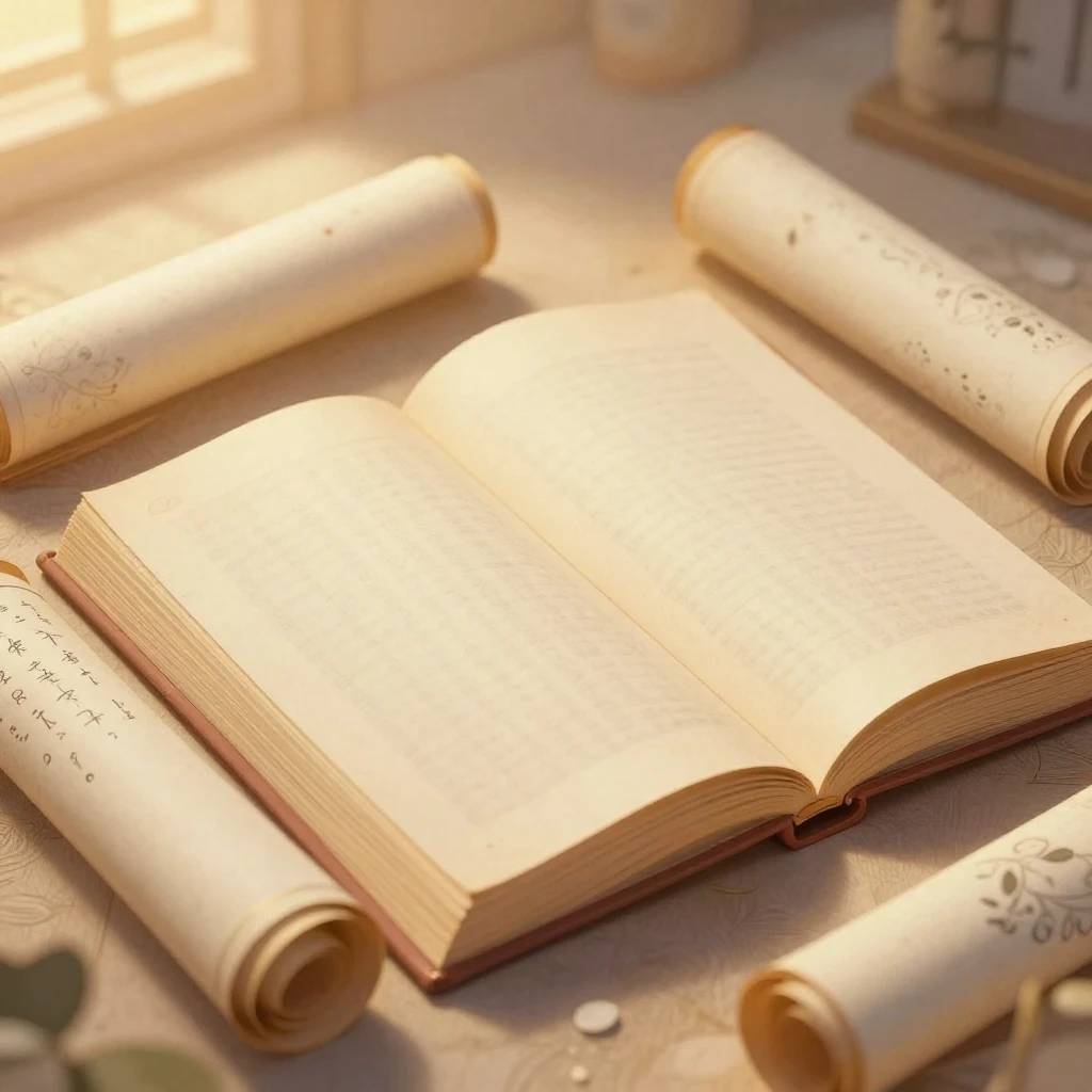 An artistic illustration of open books and scrolls subtly in...