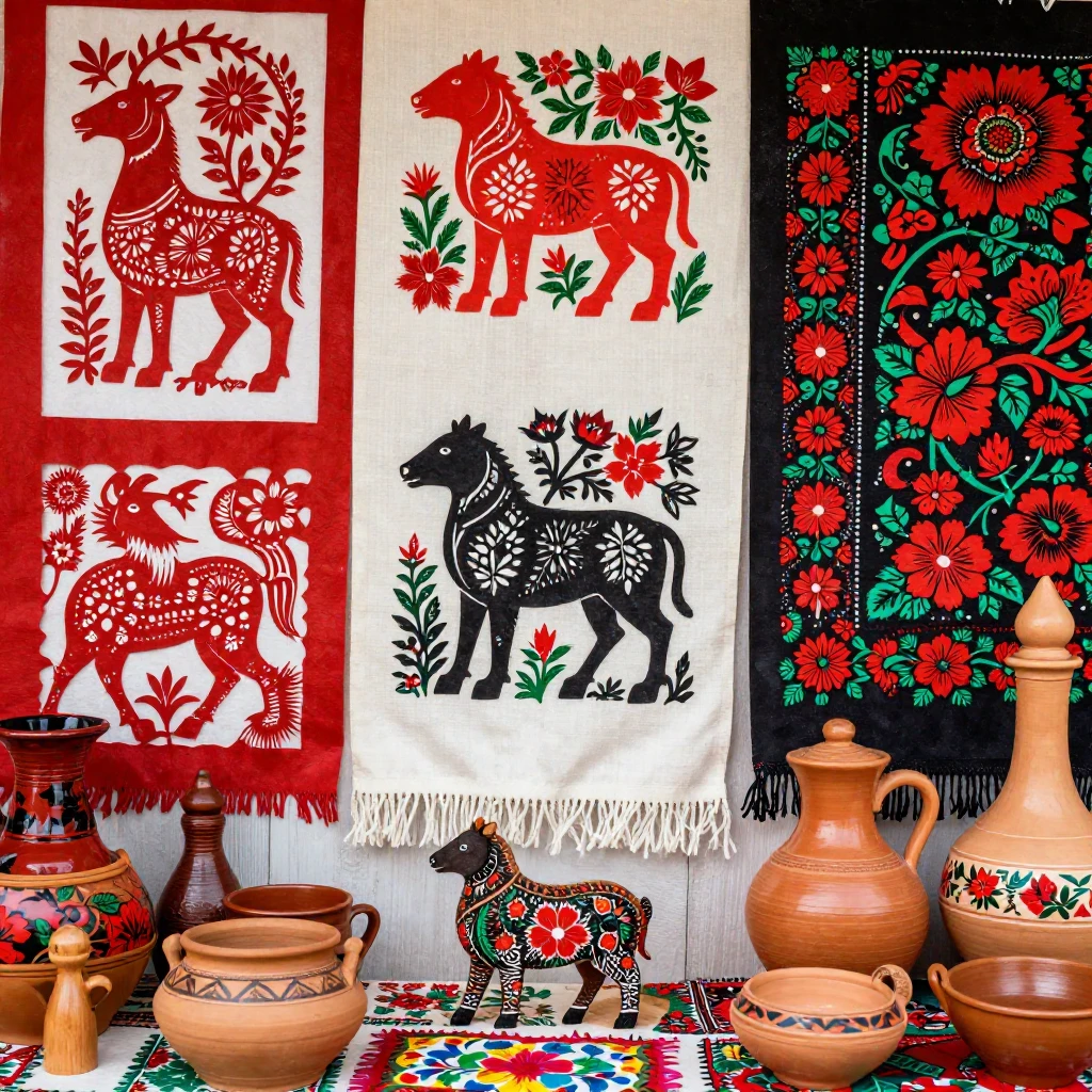 Vibrant Polish folk art scene, featuring traditional 'wycina...