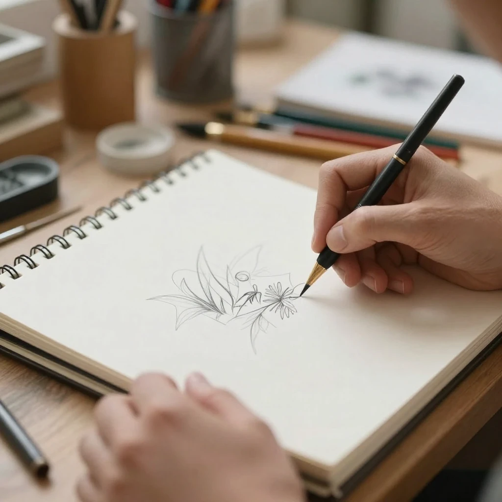 A close-up of an artist's hands sketching in a sketchbook, s...