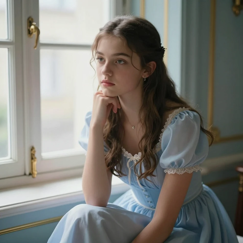 A close-up of a 17-year-old princess with a gentle but deter...
