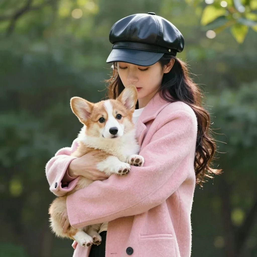 A woman holding a corgi puppy in her arms wearing a long pin...
