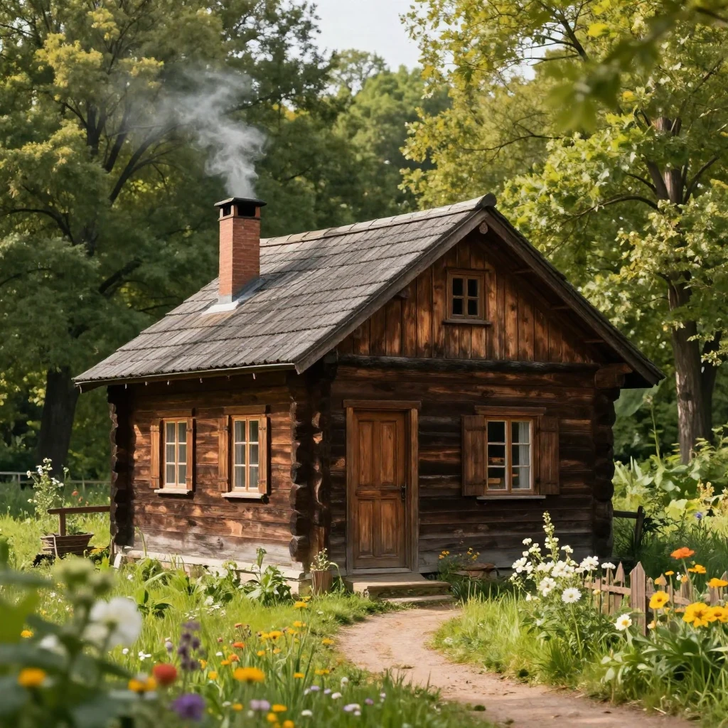 A quaint, rustic wooden cabin with a smoking chimney, surrou...