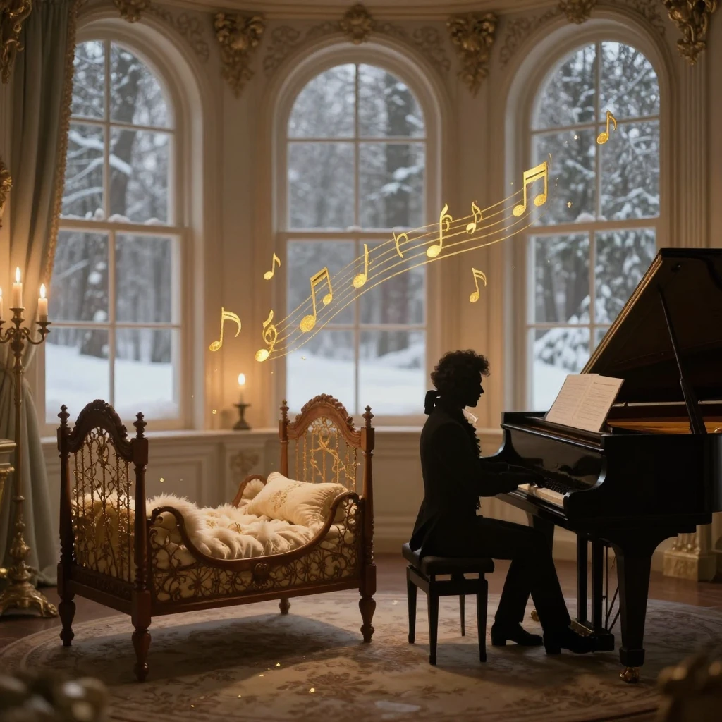 A magical 18th century nursery with a wooden cradle, a silho...