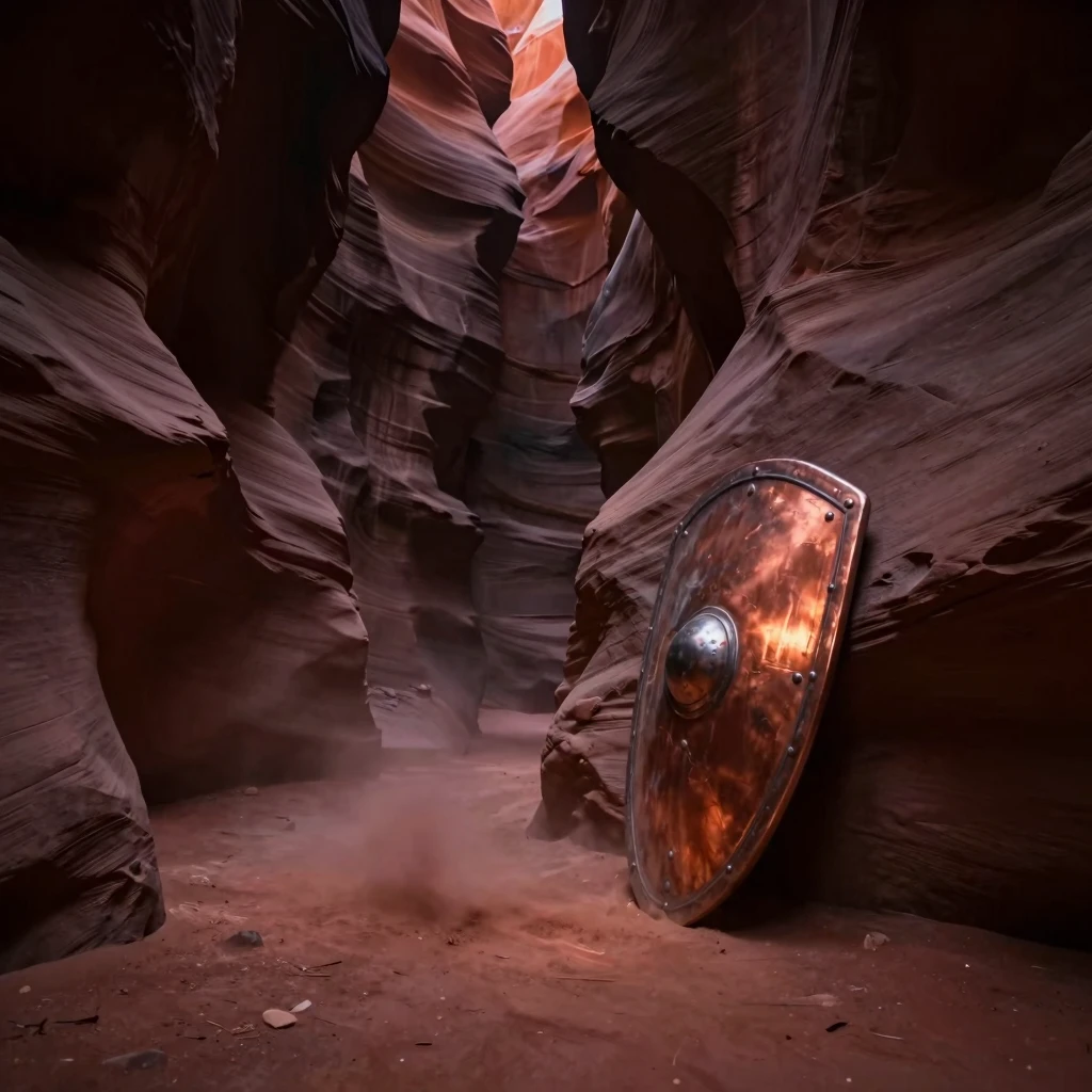 A cinematic wide shot of a dark ancient canyon with red dust...