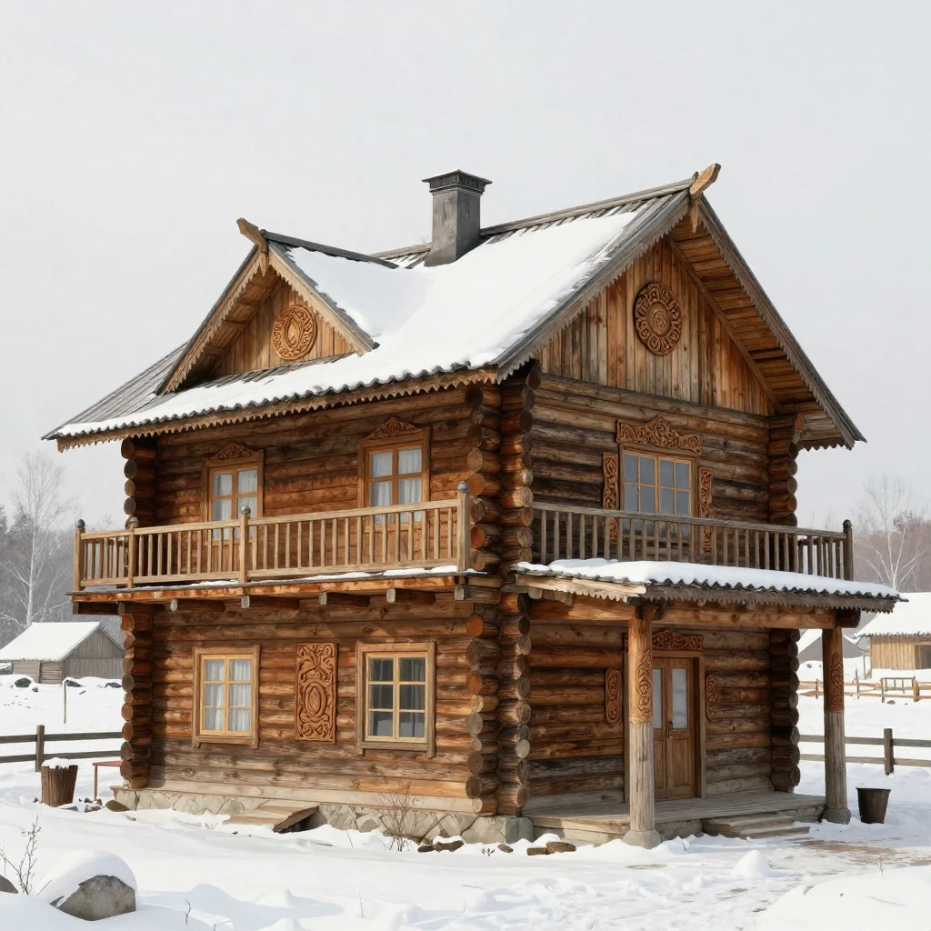A detailed illustration of traditional wooden architecture, ...