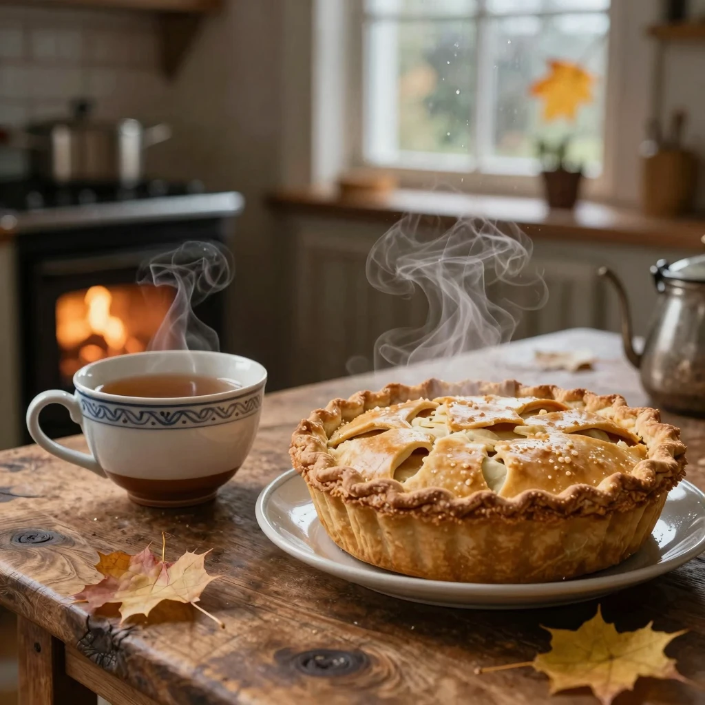 Close-up of steaming golden apple pie and ceramic cup of hot...