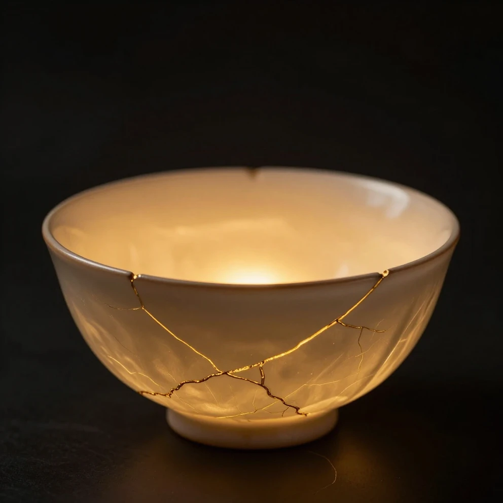 A ceramic bowl with cracks repaired with gold, glowing softl...