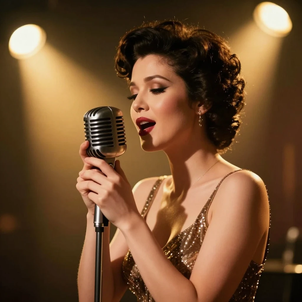 A singer with a classic beehive hairstyle, singing into a vi...