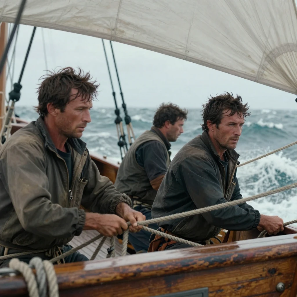 Close-up of rugged sailors on a wooden sailing ship, focused...