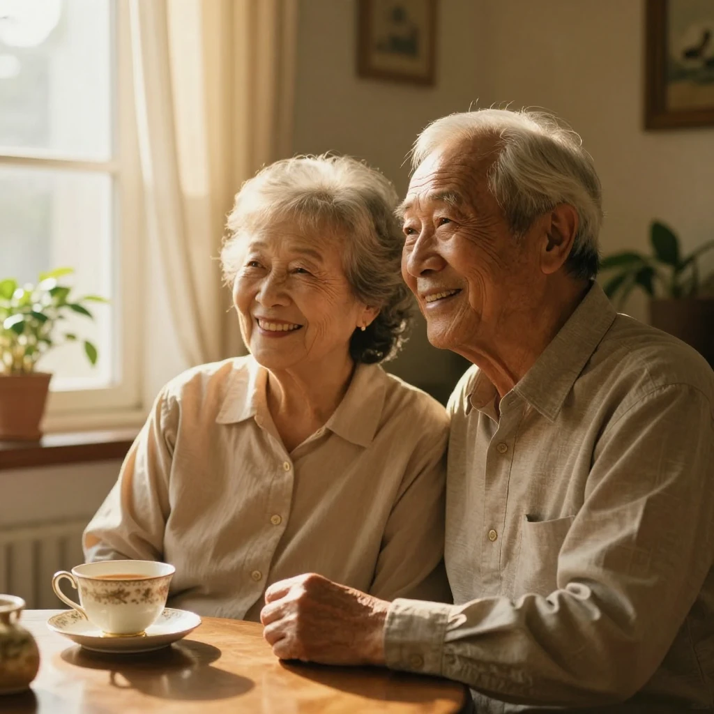 A warm and heartwarming portrait of an elderly couple smilin...