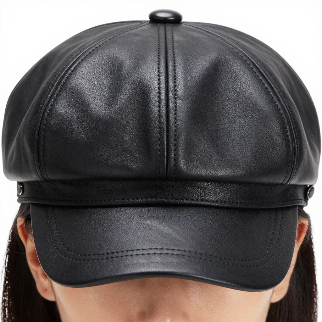 Detailed close-up of a classic black leather 8-panel newsboy...