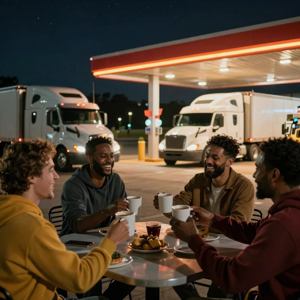 Diverse truck drivers laughing and clinking coffee mugs at a...