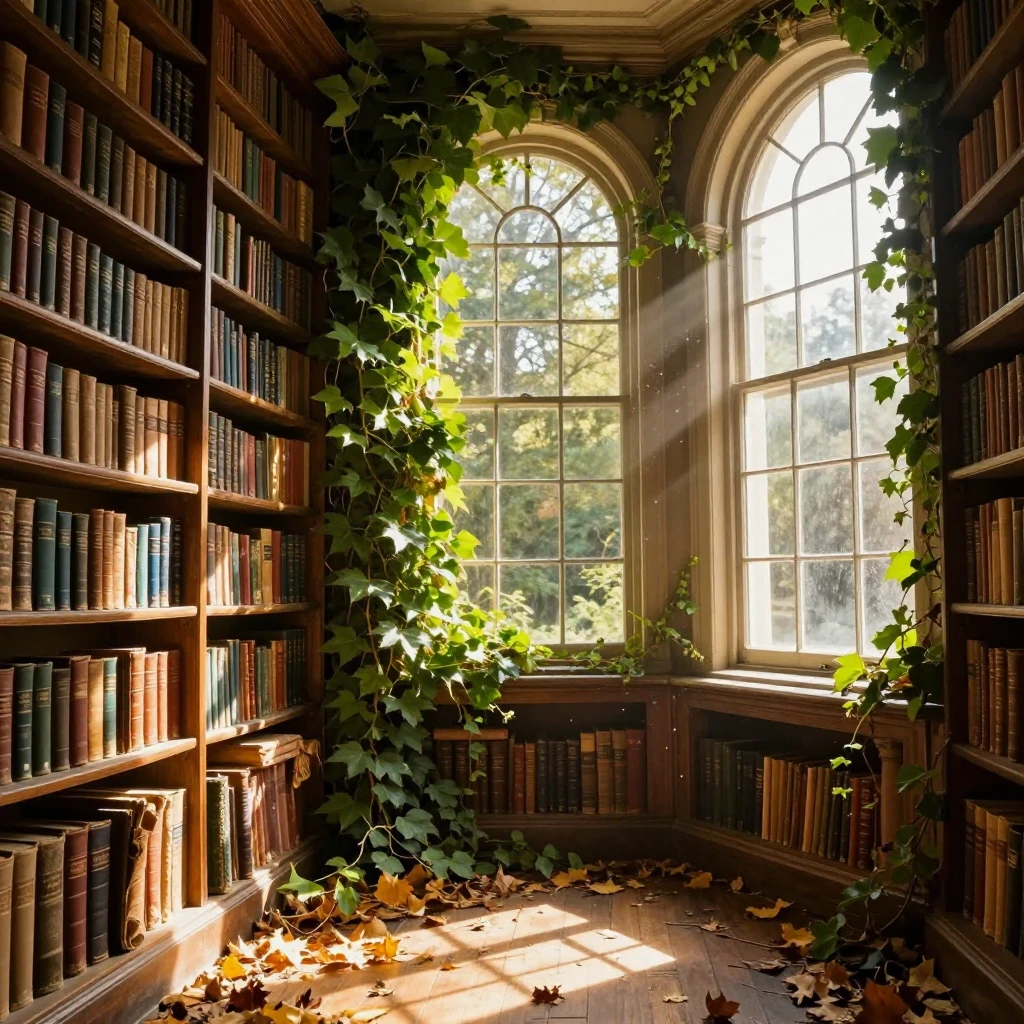 A sun-drenched overgrown library with tall arched windows, l...