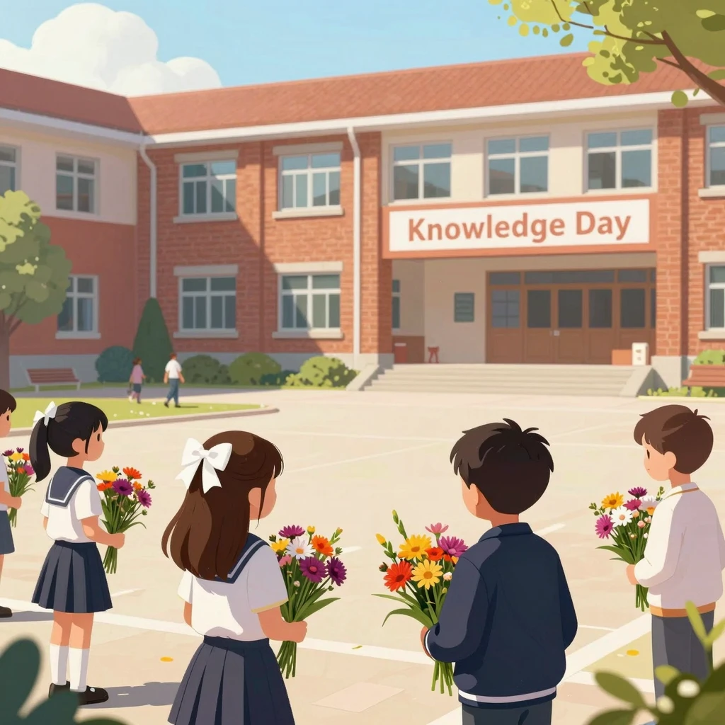 Artistic illustration of a school courtyard on Knowledge Day...
