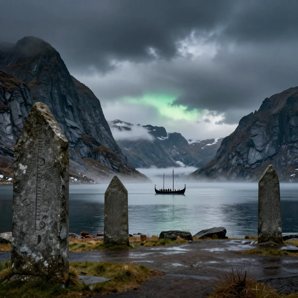 A majestic Scandinavian landscape with towering fjords, a Vi...