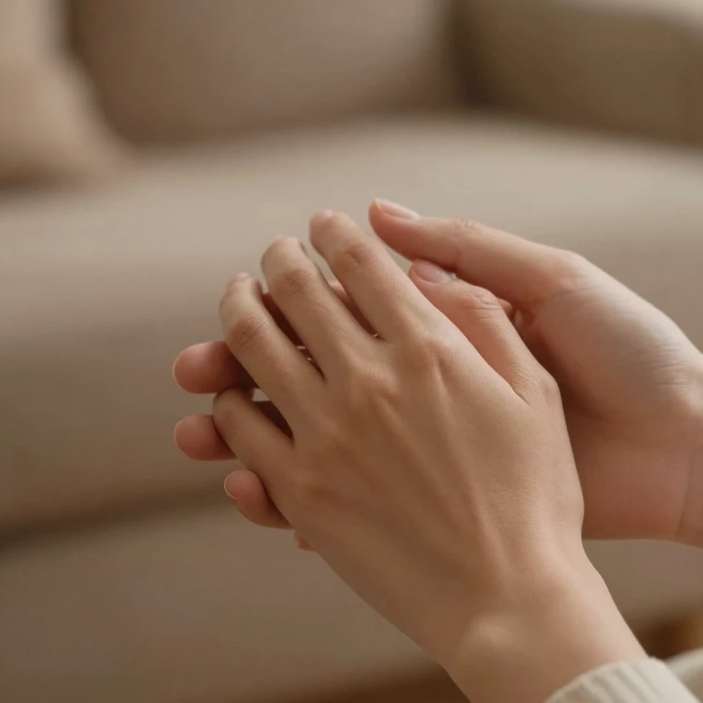 A close-up of two hands gently intertwined, soft lighting, w...