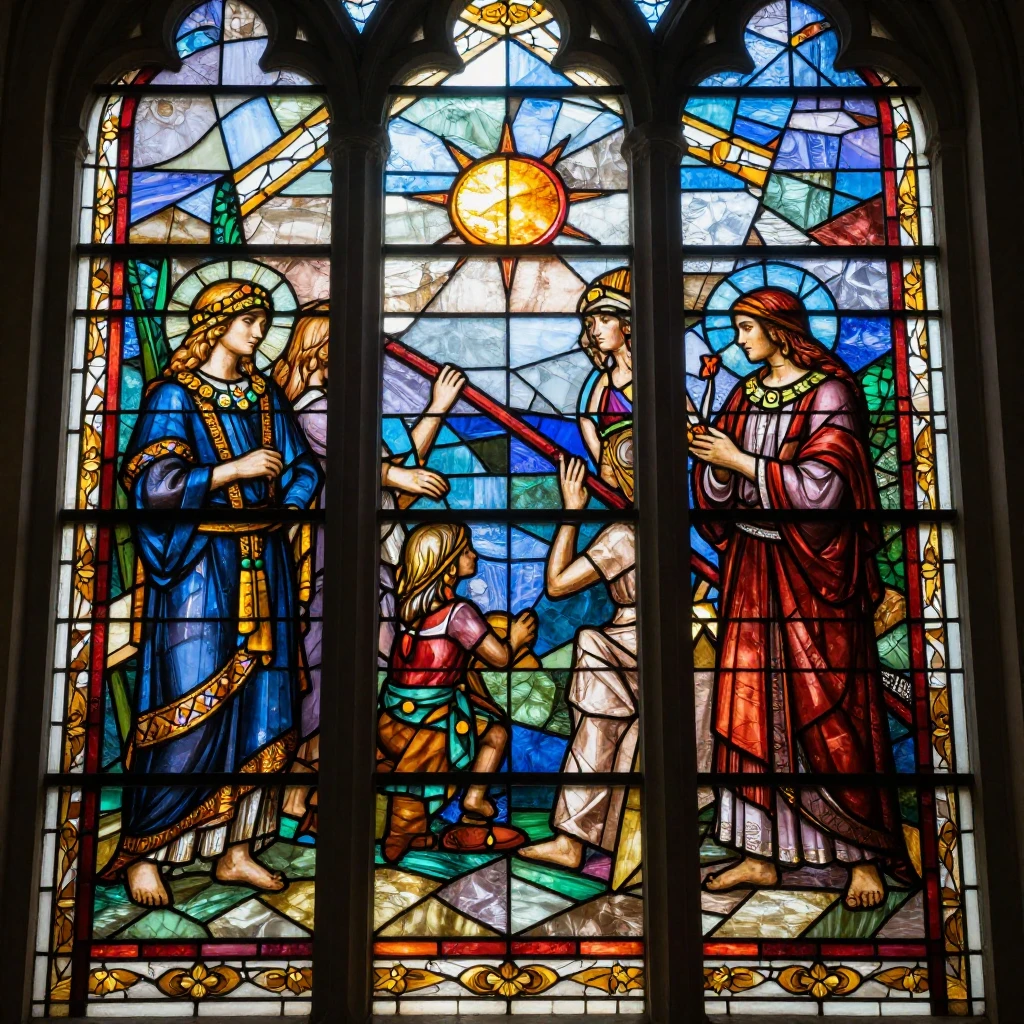 An intricate stained glass window depicting a complex scene ...