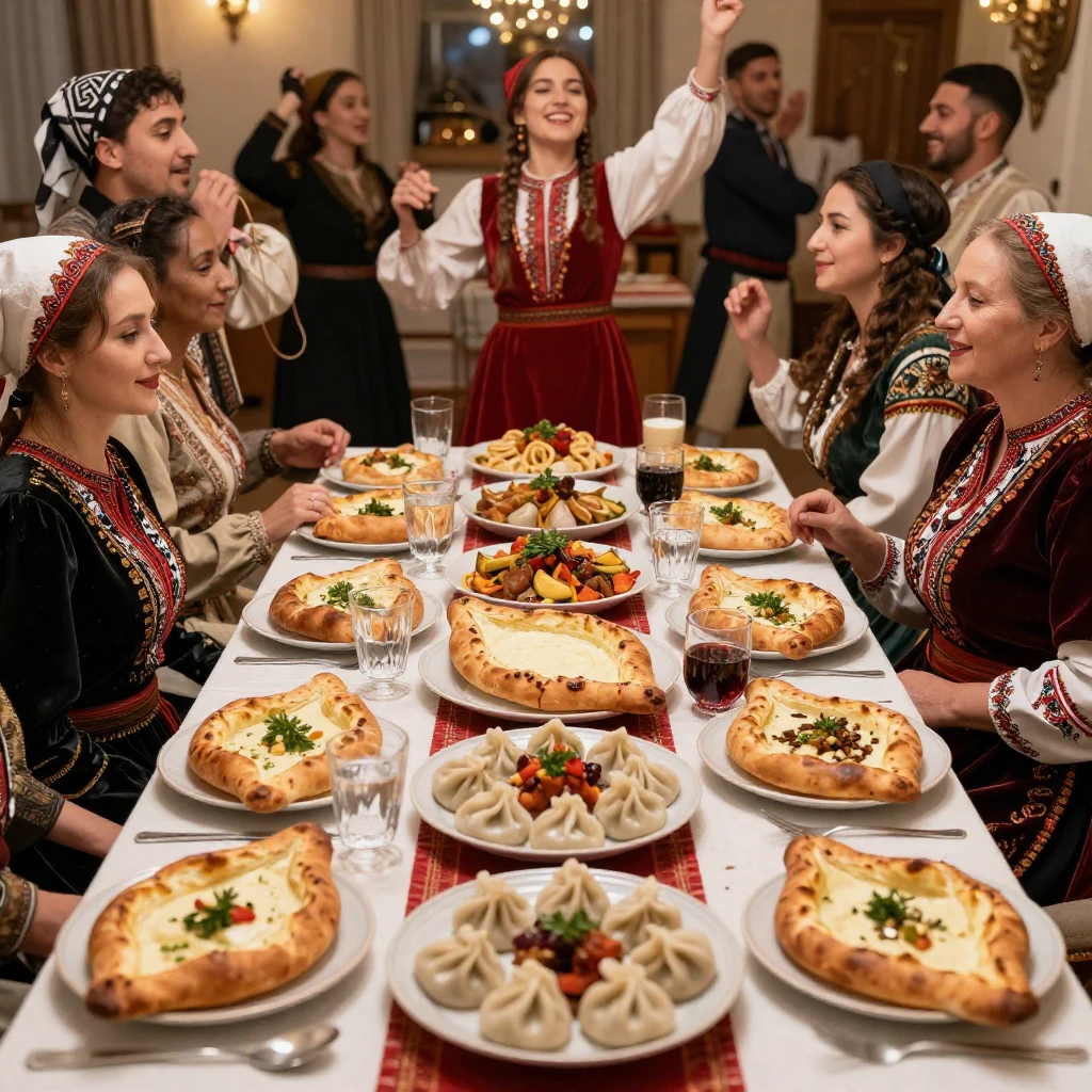 A festive Georgian supra (feast) scene with traditional dish...