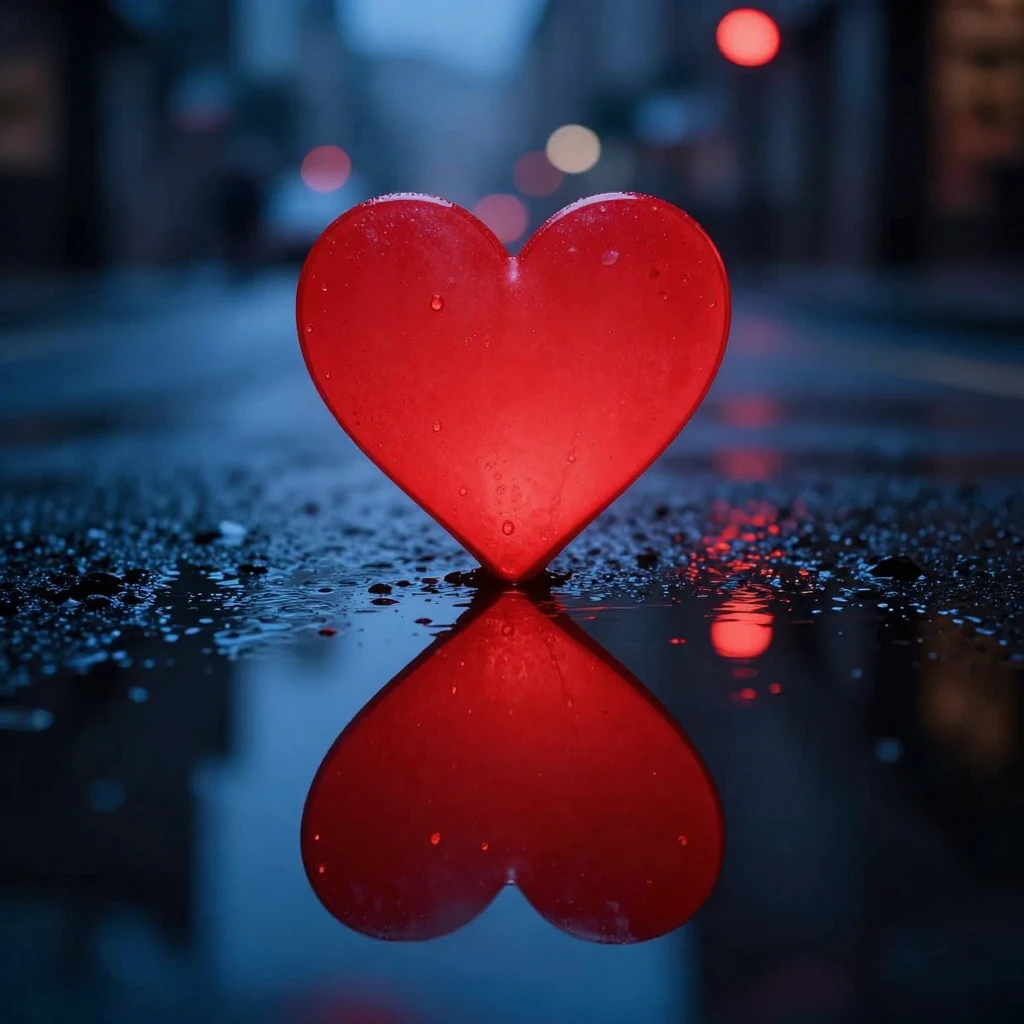 A close-up of a glowing red heart symbol reflected perfectly...