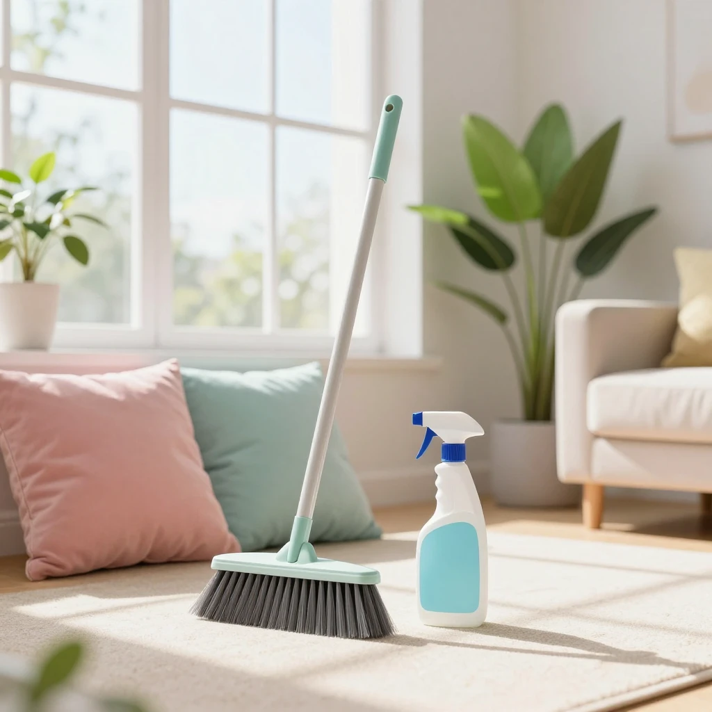 A stylish broom and cleaning spray bottle resting neatly nea...