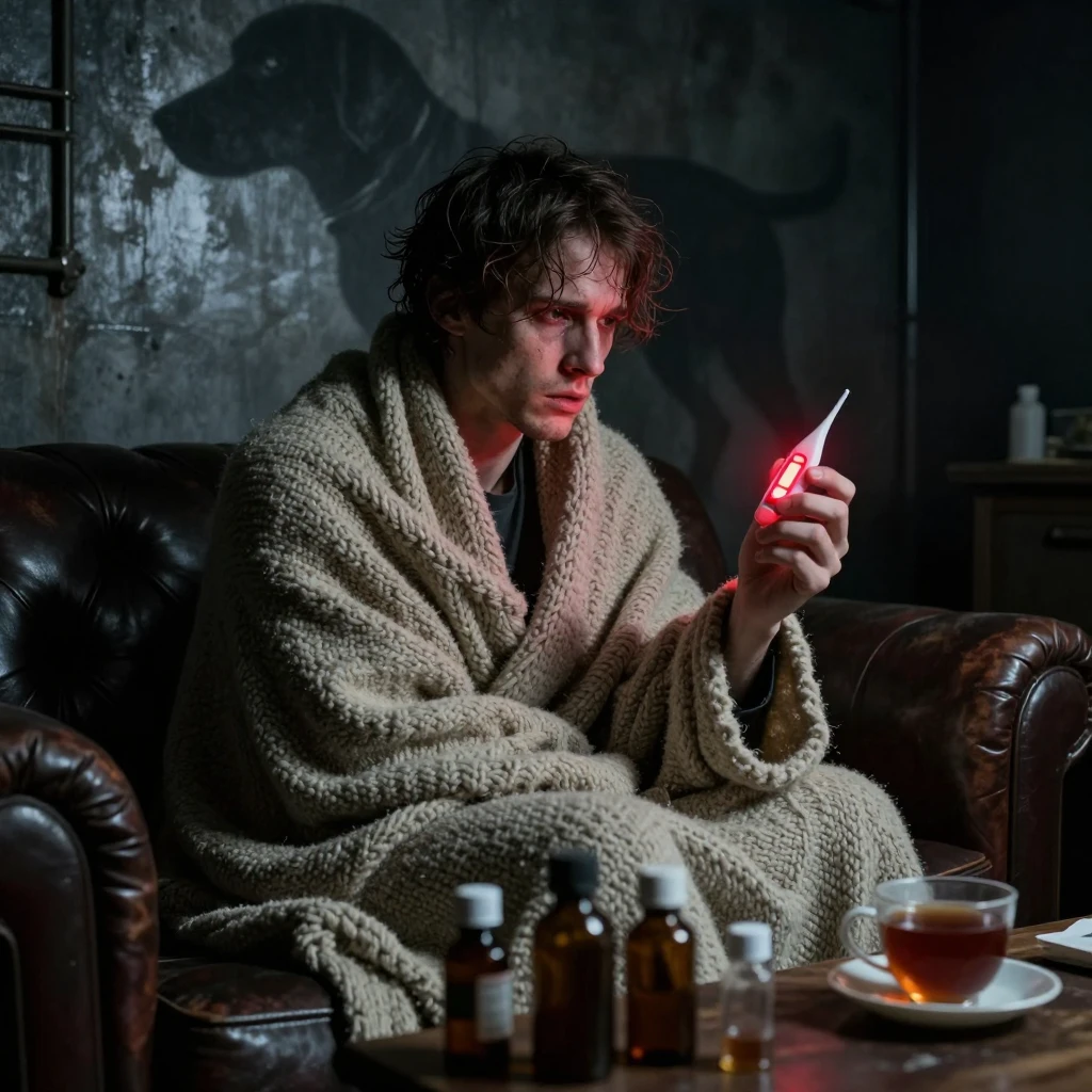A pale man wrapped in a thick wool blanket on a dark leather...