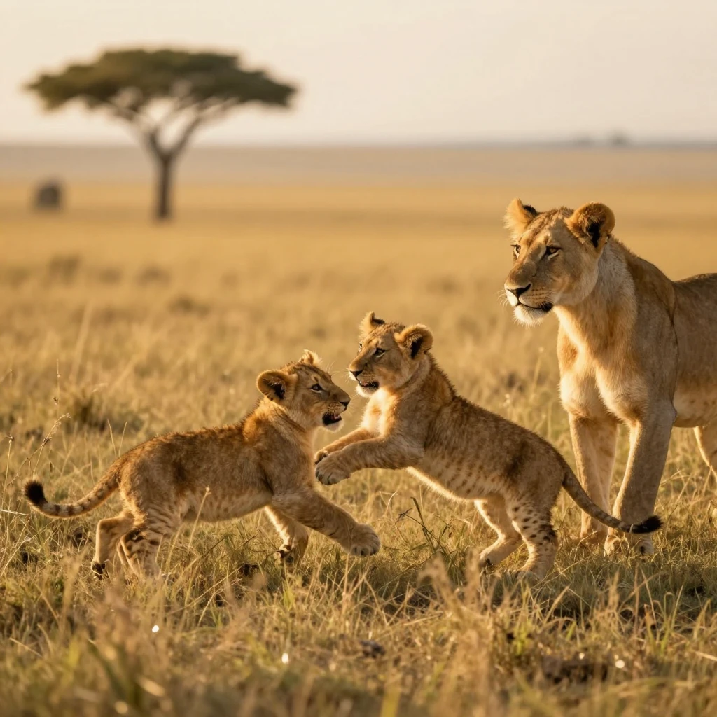 Playful lion cubs tumbling and playing in the African savann...