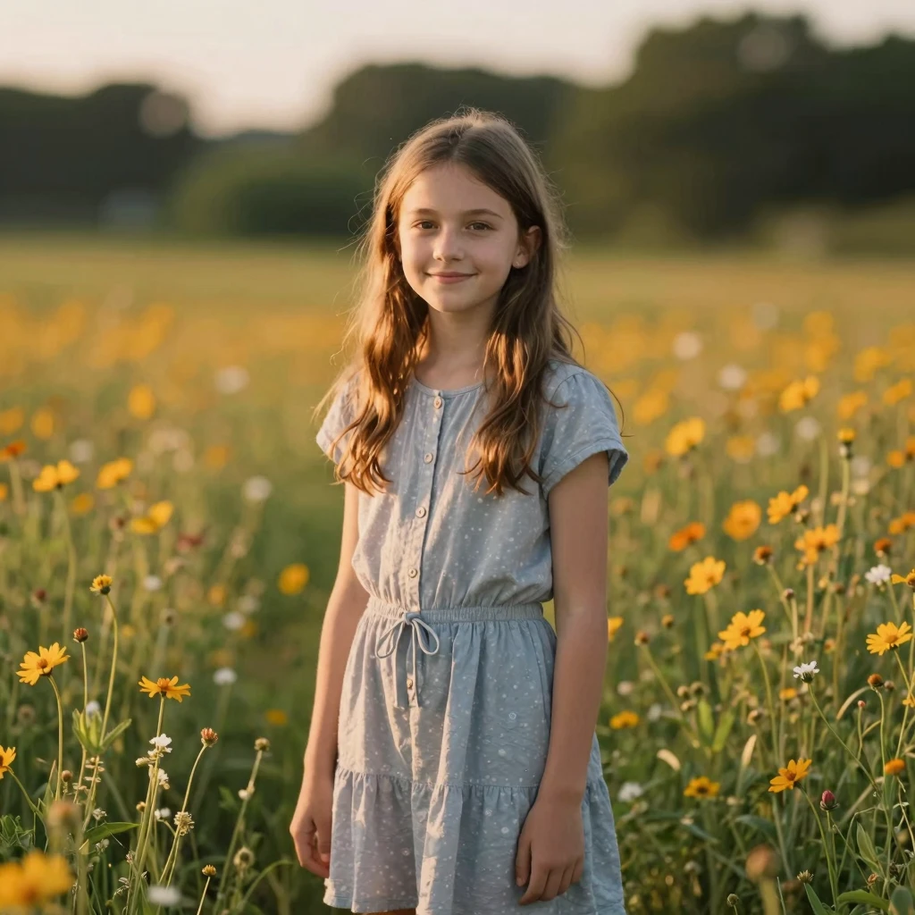 An 11-year-old girl with long hair and a gentle smile, weari...