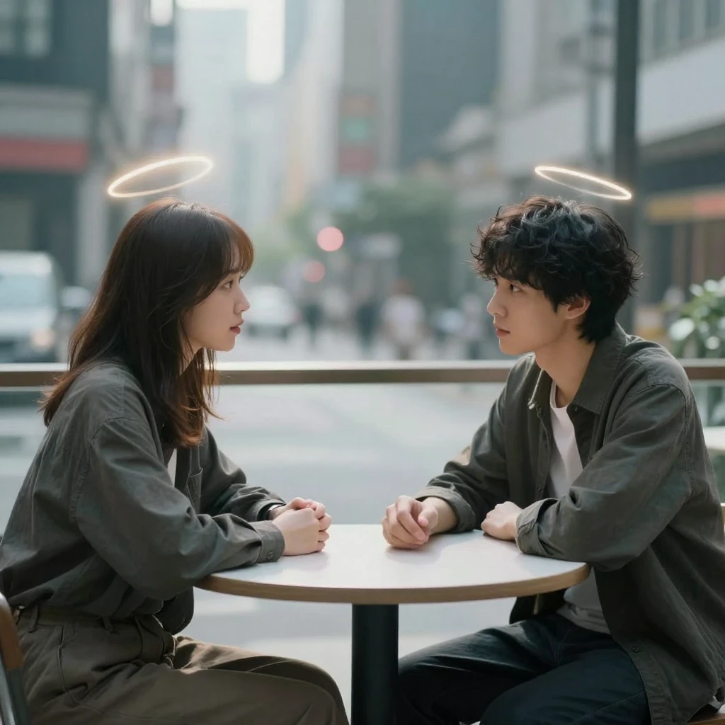 A contemporary person in modern attire sitting across a tabl...