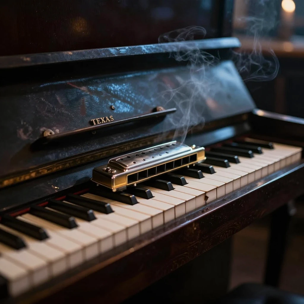 An old upright piano in a dark smoky bar, dramatic lighting,...
