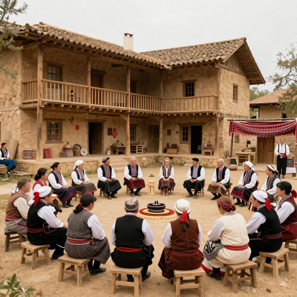 A picturesque scene depicting elements of folk culture, such...