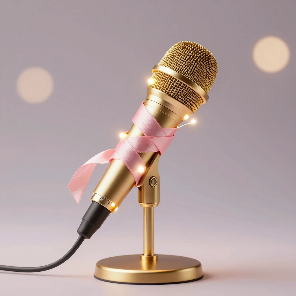 An elegant golden microphone, wrapped in delicate pink silk ...