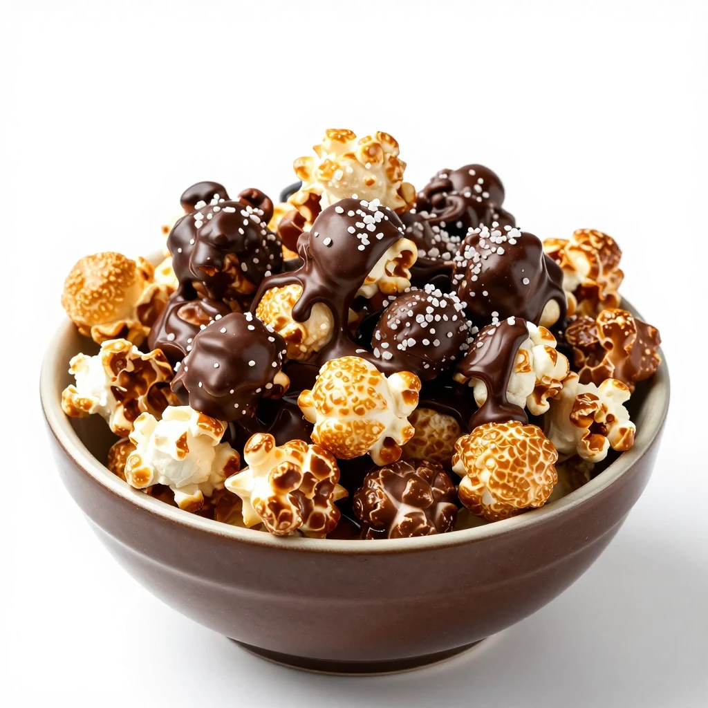 A bowl of popcorn drizzled with melted dark chocolate and sp...